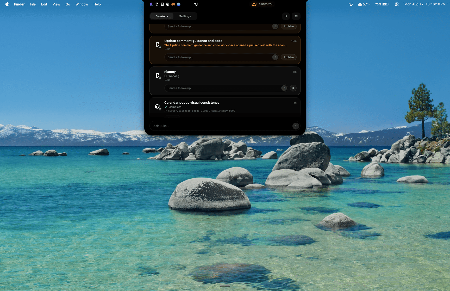 The panel expanded from the notch over the desktop, listing agent sessions with their status, recaps, and follow-up fields.