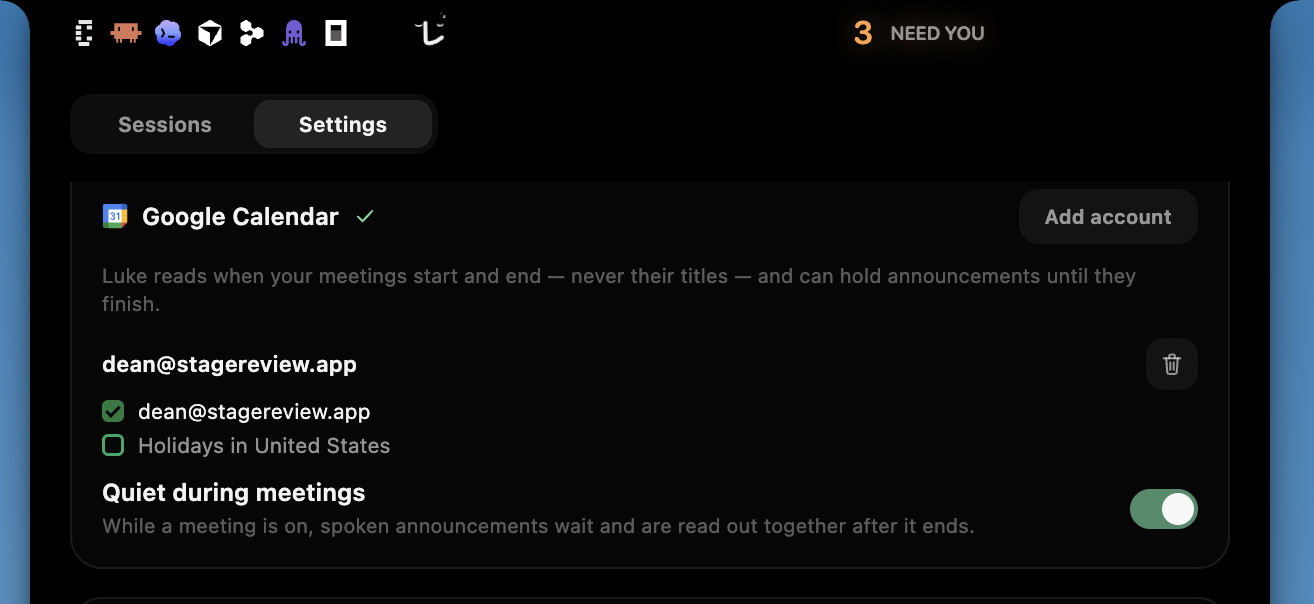 The Google Calendar card in Settings: a connected account with its calendars chosen and "Quiet during meetings" switched on.